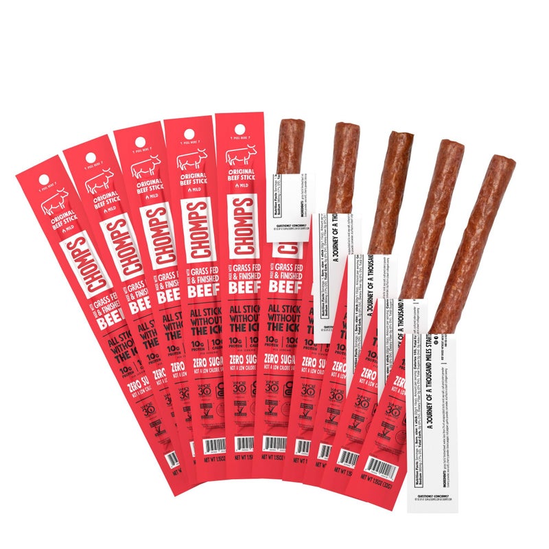 Chomps Grass-Fed and Finished Original Beef Jerky Snack Sticks 10-Pack - Keto, Paleo, Whole30, 10g Lean Meat Protein, Gluten-Free, Zero Sugar Food, Non-GMO - Image 1
